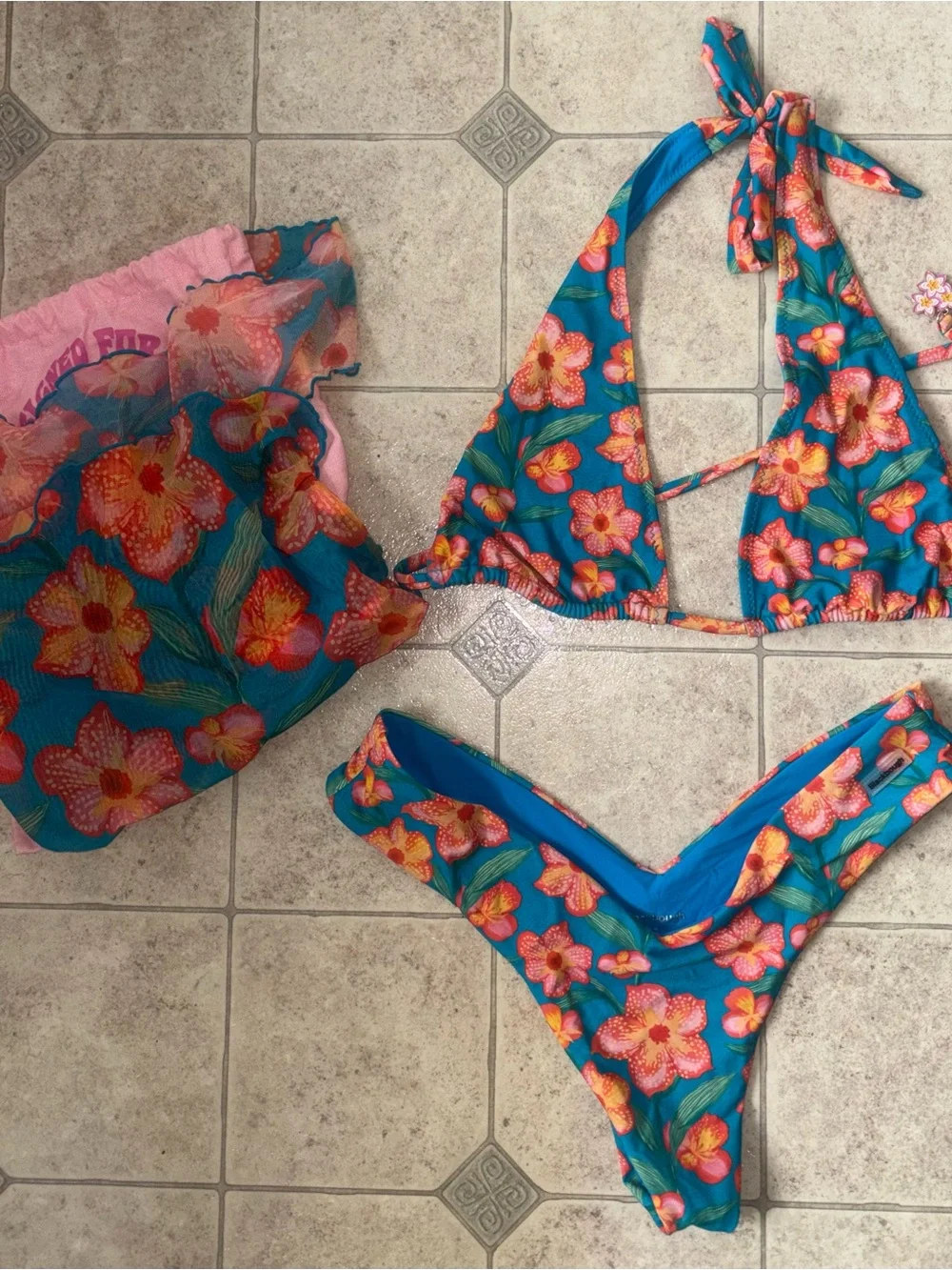 Blackbough Blue Floral Tie-Halter Bikini Set with Sarong and Dust bag